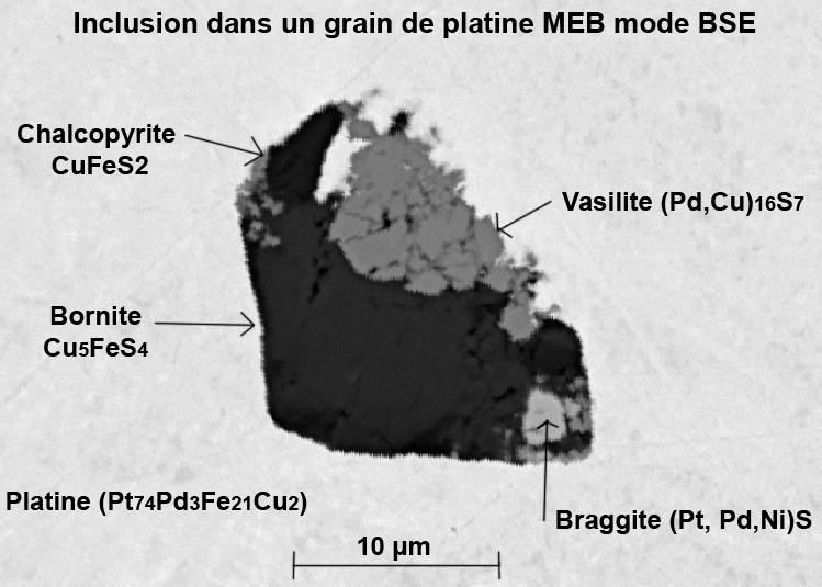 Platine Braggite Vasilite Bornite Chalcopyrite - placer de la rivière Reyssouze - Lescheroux - Ain - BD - champ 0,04mm